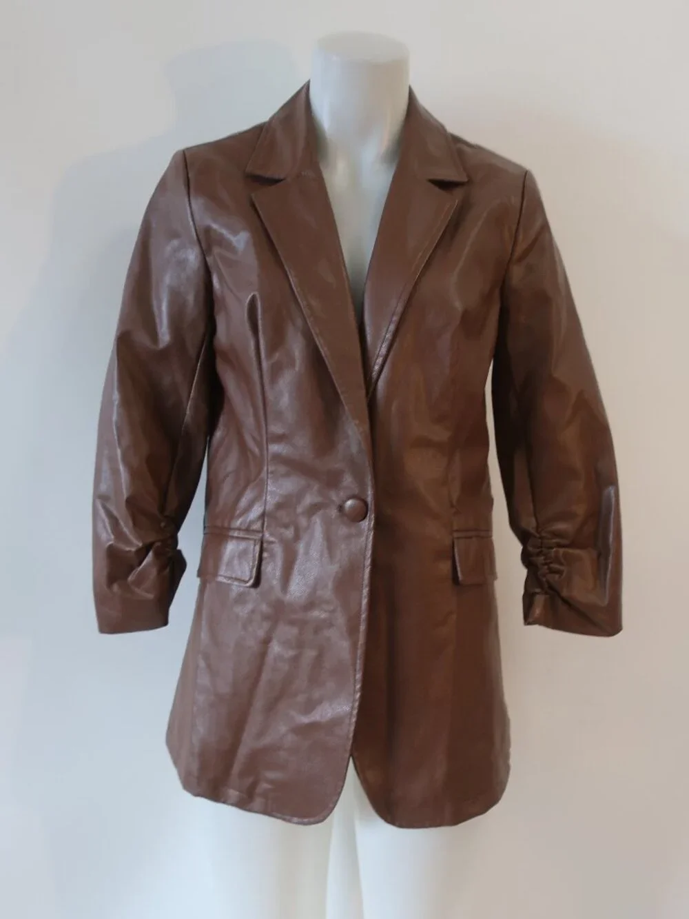 NWT Womens Six/Fifty Brown (Item-307) PU Faux Leather Vienna Oversized Blazer XS